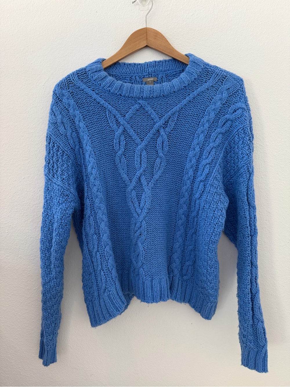 Aerie Cornflower Blue Cable Knit Crewneck Sweater XS